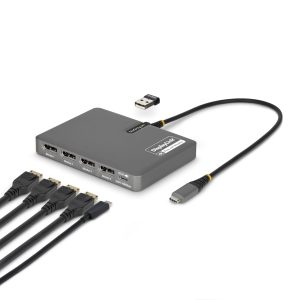 StarTech.com USB-C to Quad-Monitor Workstation Adapter, 4K 60Hz DisplayPort, 140W PD Passthrough for Laptop Charging, USB Port for Wireless Keyboard / Mouse, TAA